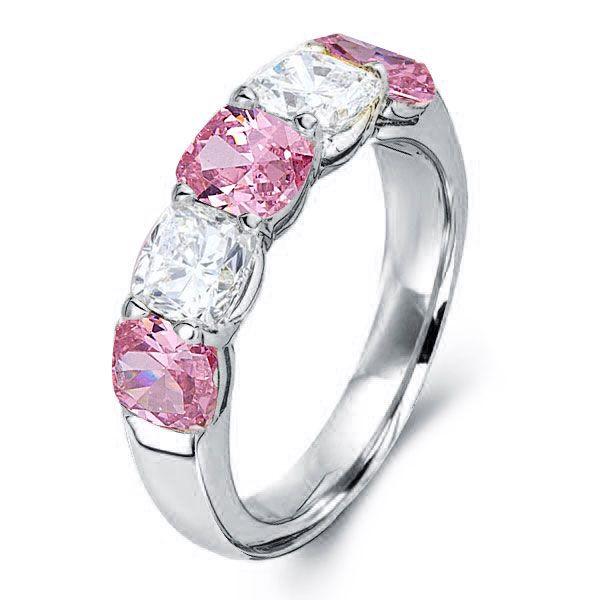 Cushion Cut Pink Stone Half Eternity Sterling Silver Wedding Band