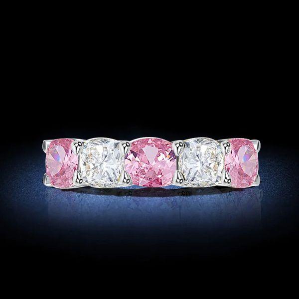 Cushion Cut Pink Stone Half Eternity Sterling Silver Wedding Band
