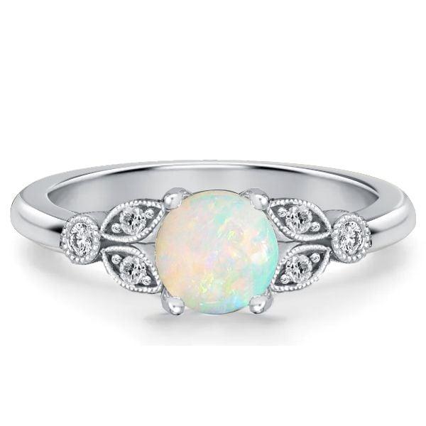 Round Cut Opal Engagement Ring in Rhodium Plated 925 Sterling Silver