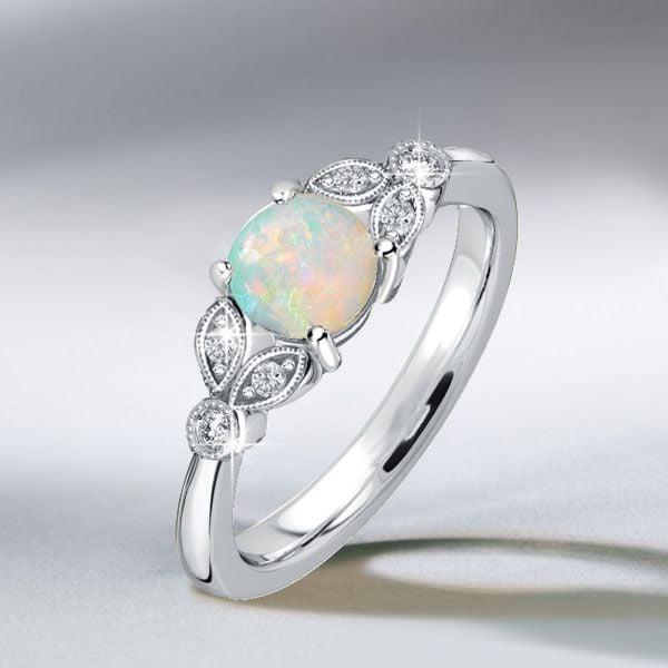 Round Cut Opal Engagement Ring in Rhodium Plated 925 Sterling Silver