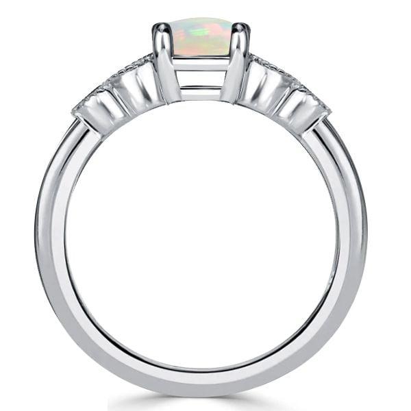 Round Cut Opal Engagement Ring in Rhodium Plated 925 Sterling Silver