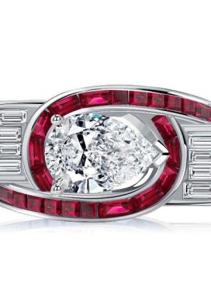 Art Deco Pear Ruby Ring - 925 Sterling Silver Wedding Ring for Women