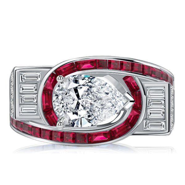 Art Deco Pear Ruby Ring - 925 Sterling Silver Wedding Ring for Women