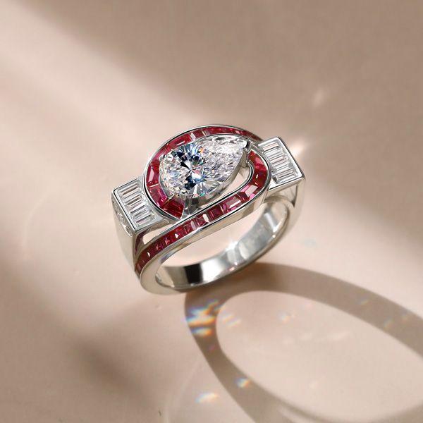 Art Deco Pear Ruby Ring - 925 Sterling Silver Wedding Ring for Women