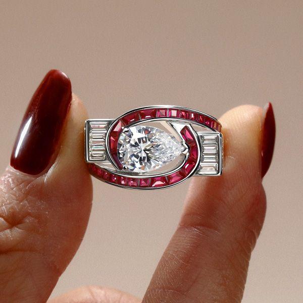 Art Deco Pear Ruby Ring - 925 Sterling Silver Wedding Ring for Women