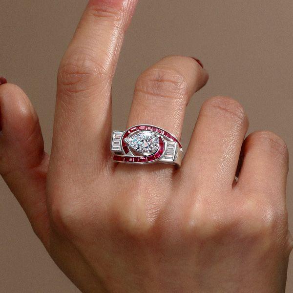 Art Deco Pear Ruby Ring - 925 Sterling Silver Wedding Ring for Women