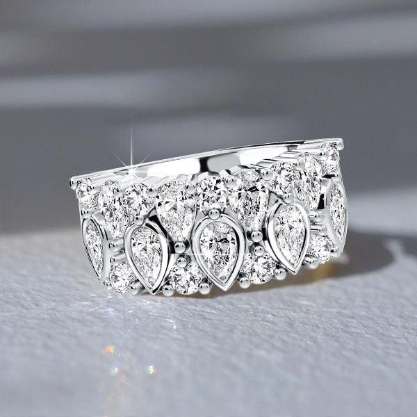 Sterling Silver Bezel Set Anniversary Band Ring with Round & Pear Cut White Sapphire