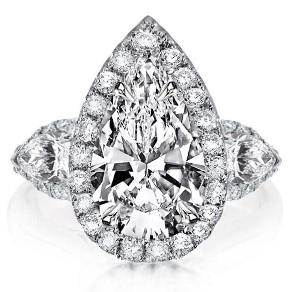 Pear Halo Three Stone Engagement Ring in Sterling Silver with Created White Sapphire