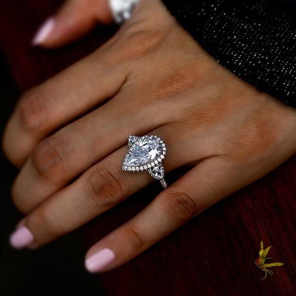 Pear Halo Three Stone Engagement Ring in Sterling Silver with Created White Sapphire