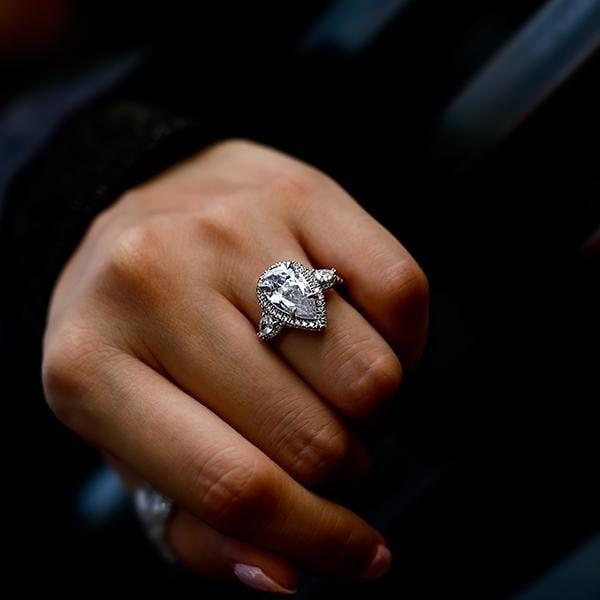 Pear Halo Three Stone Engagement Ring in Sterling Silver with Created White Sapphire