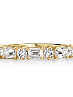 Emerald & Round Cut Half Eternity Wedding Band in 18K Gold Plated Sterling Silver