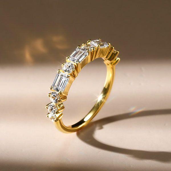 Emerald & Round Cut Half Eternity Wedding Band in 18K Gold Plated Sterling Silver