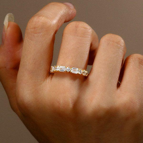 Emerald & Round Cut Half Eternity Wedding Band in 18K Gold Plated Sterling Silver