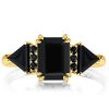 Emerald Cut Black Engagement Ring Three Stone 18K Gold Plated Silver