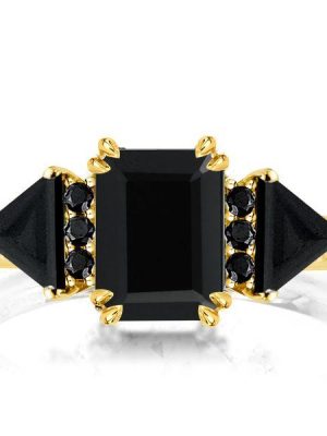 Emerald Cut Black Engagement Ring Three Stone 18K Gold Plated Silver