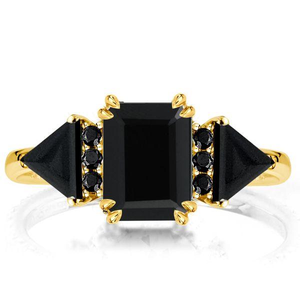 Emerald Cut Black Engagement Ring Three Stone 18K Gold Plated Silver