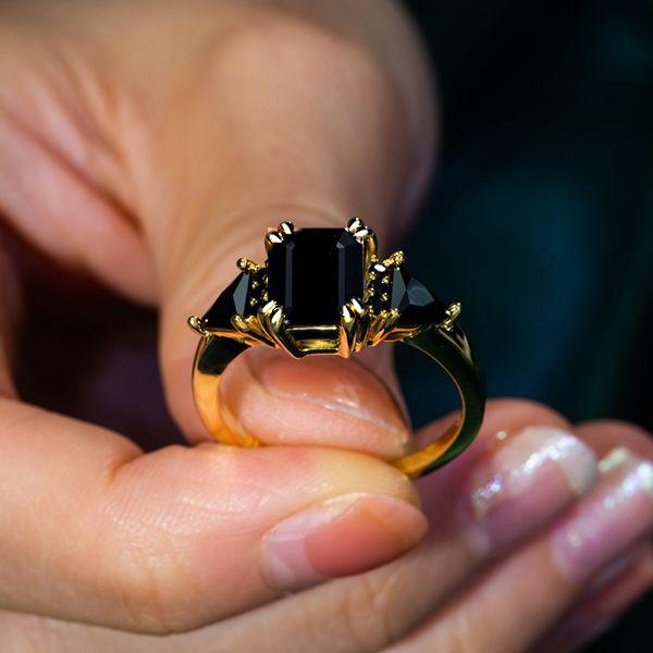 Emerald Cut Black Engagement Ring Three Stone 18K Gold Plated Silver