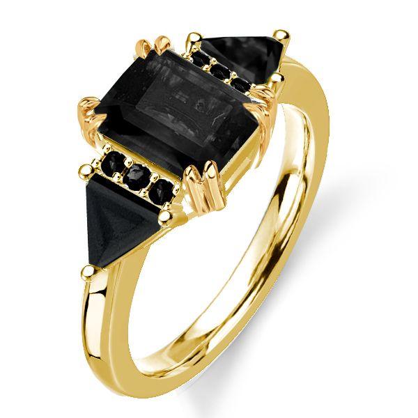 Emerald Cut Black Engagement Ring Three Stone 18K Gold Plated Silver