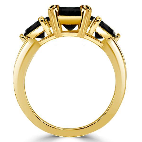 Emerald Cut Black Engagement Ring Three Stone 18K Gold Plated Silver