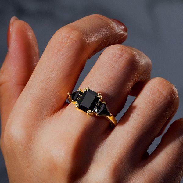 Emerald Cut Black Engagement Ring Three Stone 18K Gold Plated Silver