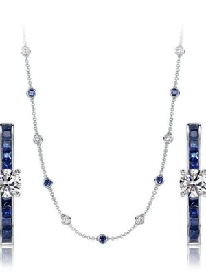 Sterling Silver Blue Sapphire Necklace and Earrings Jewelry Set with Round & Princess Cuts