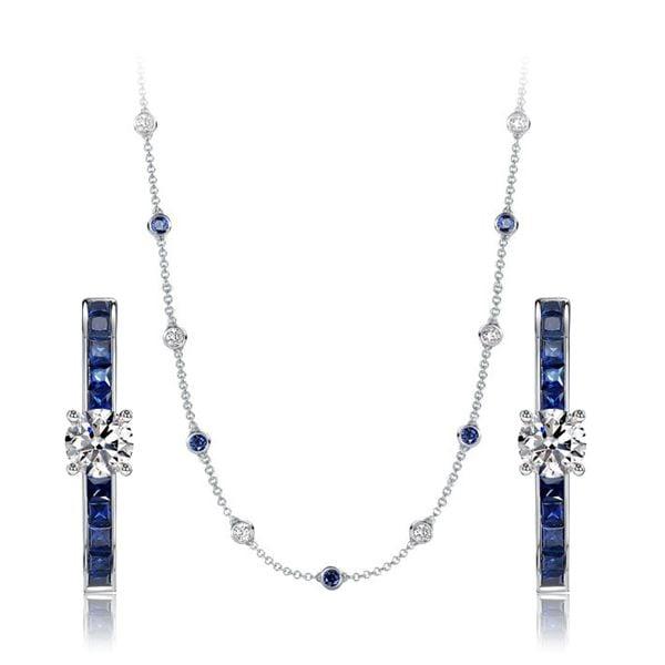 Sterling Silver Blue Sapphire Necklace and Earrings Jewelry Set with Round & Princess Cuts