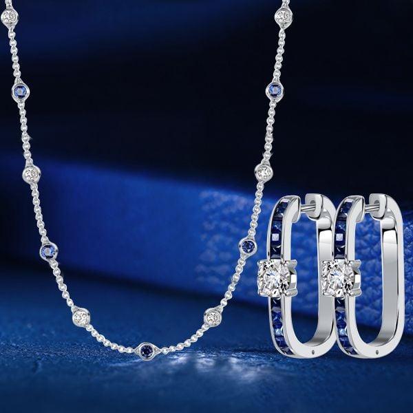 Sterling Silver Blue Sapphire Necklace and Earrings Jewelry Set with Round & Princess Cuts