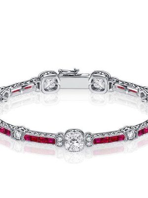 Ruby & White Cushion Cut Tennis Bracelet in Sterling Silver (Milgrain Detail)