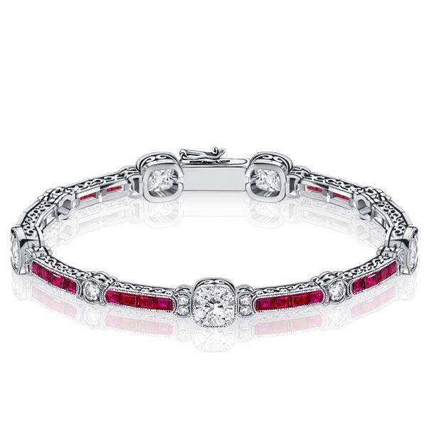 Ruby & White Cushion Cut Tennis Bracelet in Sterling Silver (Milgrain Detail)