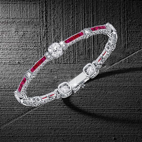 Ruby & White Cushion Cut Tennis Bracelet in Sterling Silver (Milgrain Detail)
