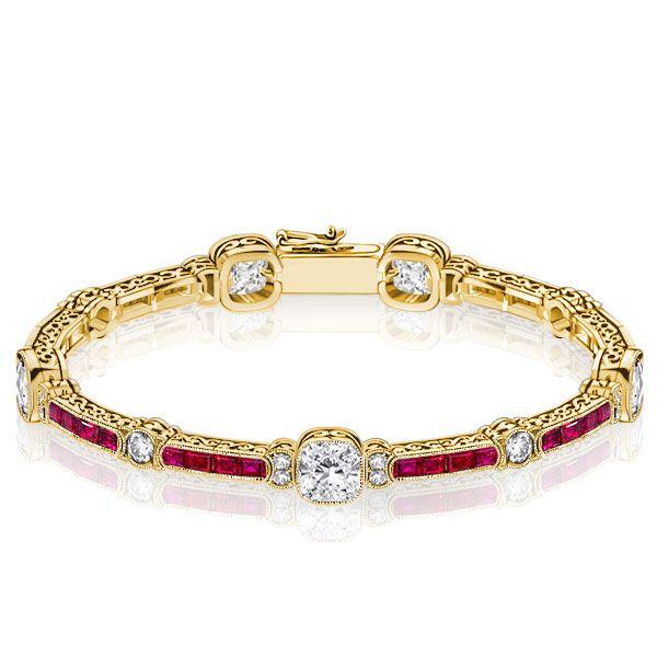 Ruby & White Cushion Cut Tennis Bracelet in Sterling Silver (Milgrain Detail)