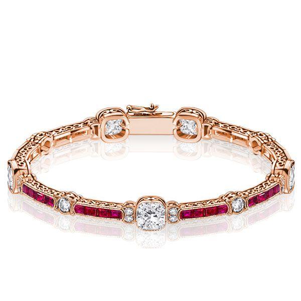 Ruby & White Cushion Cut Tennis Bracelet in Sterling Silver (Milgrain Detail)