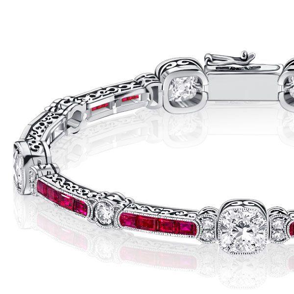Ruby & White Cushion Cut Tennis Bracelet in Sterling Silver (Milgrain Detail)