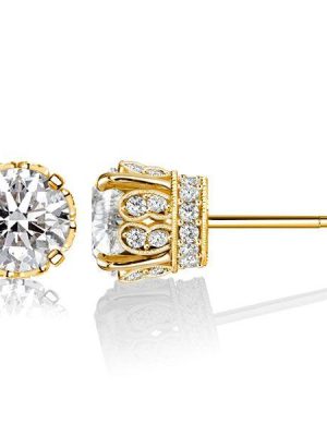 Golden Round Cut CZ Vintage Stud Earrings - 18K Gold Plated Sterling Silver