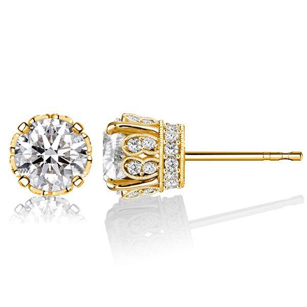Golden Round Cut CZ Vintage Stud Earrings - 18K Gold Plated Sterling Silver