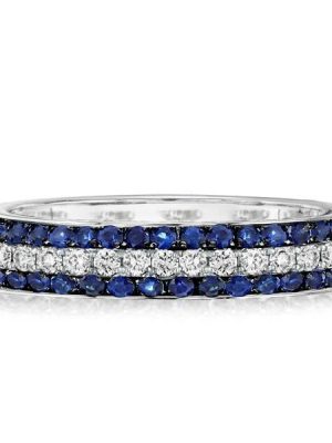 Triple Row Round Cut Blue Sapphire Wedding Band in Sterling Silver