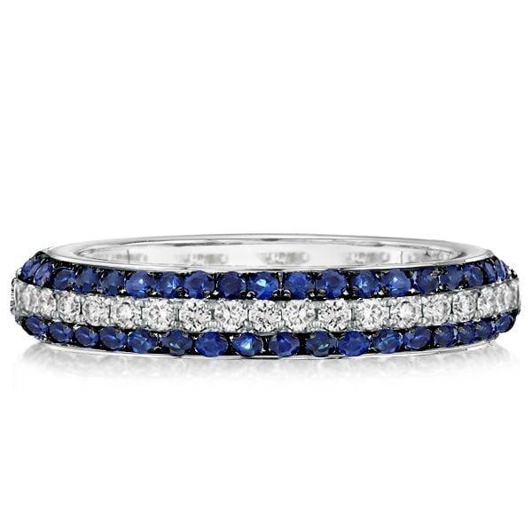 Triple Row Round Cut Blue Sapphire Wedding Band in Sterling Silver