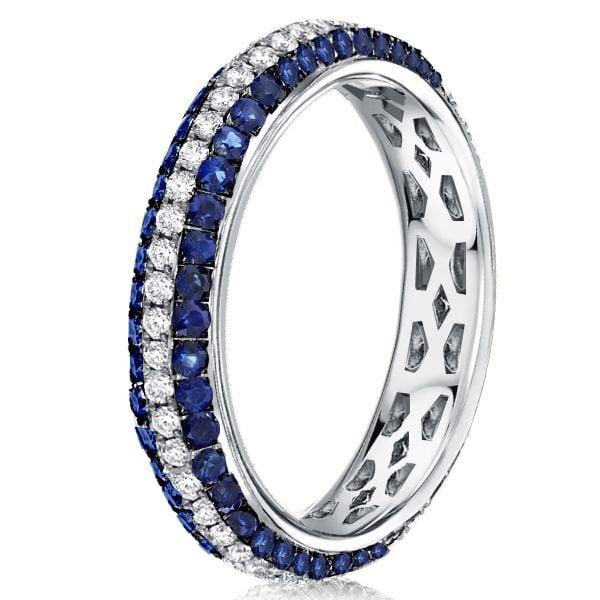 Triple Row Round Cut Blue Sapphire Wedding Band in Sterling Silver