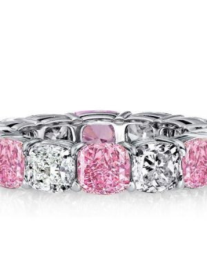 White & Pink Sapphire Sterling Silver Cushion Cut Eternity Band