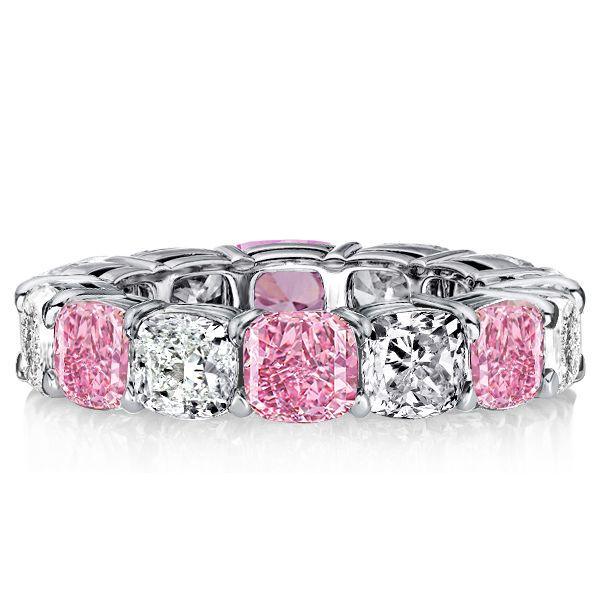 White & Pink Sapphire Sterling Silver Cushion Cut Eternity Band