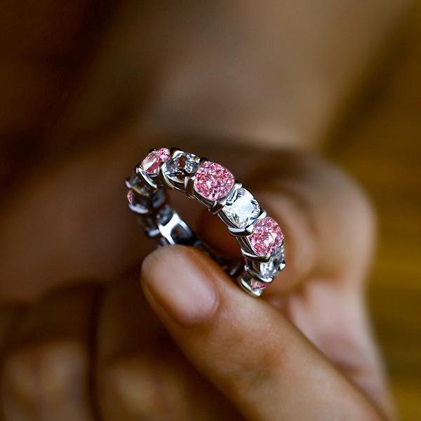White & Pink Sapphire Sterling Silver Cushion Cut Eternity Band