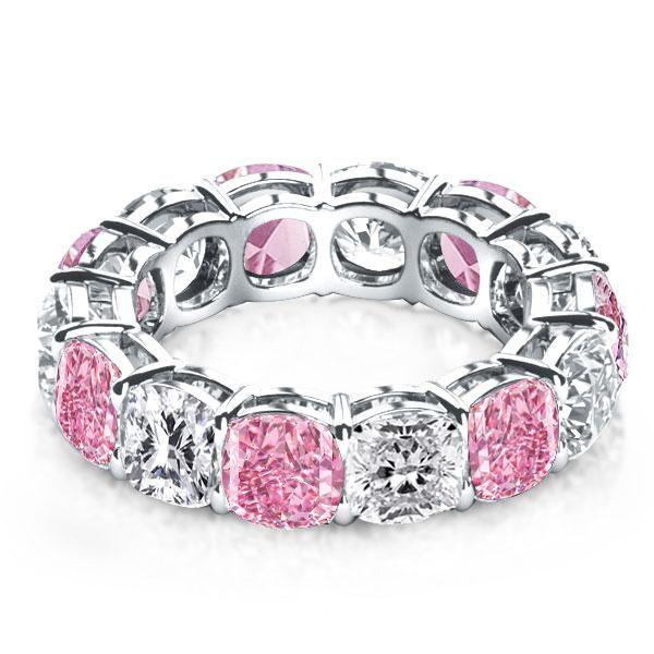 White & Pink Sapphire Sterling Silver Cushion Cut Eternity Band