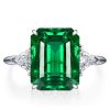 Emerald Cut Green Emerald Three Stone Ring - Sterling Silver Engagement Ring