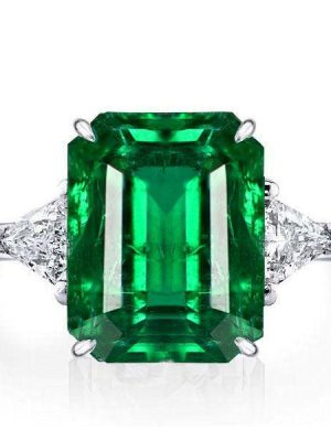 Emerald Cut Green Emerald Three Stone Ring - Sterling Silver Engagement Ring