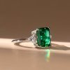 Emerald Cut Green Emerald Three Stone Ring - Sterling Silver Engagement Ring