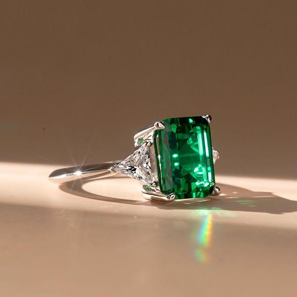 Emerald Cut Green Emerald Three Stone Ring - Sterling Silver Engagement Ring