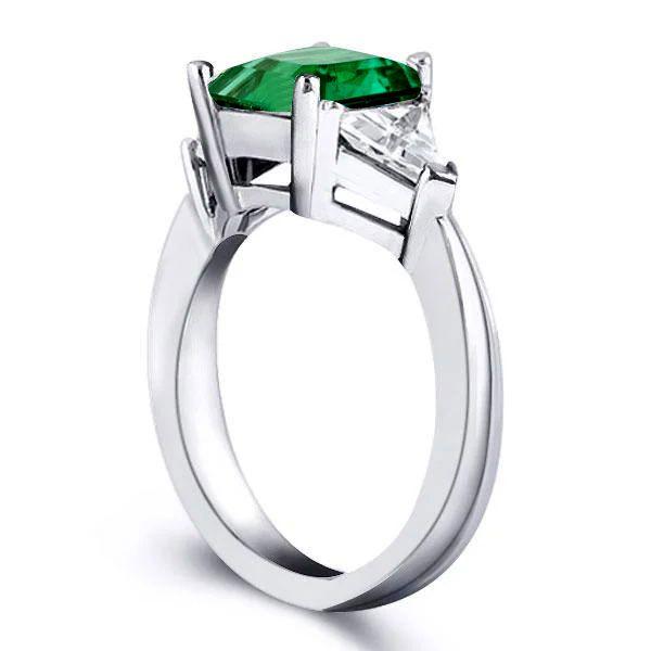 Emerald Cut Green Emerald Three Stone Ring - Sterling Silver Engagement Ring
