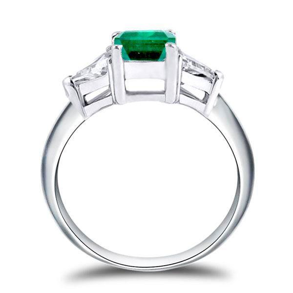 Emerald Cut Green Emerald Three Stone Ring - Sterling Silver Engagement Ring