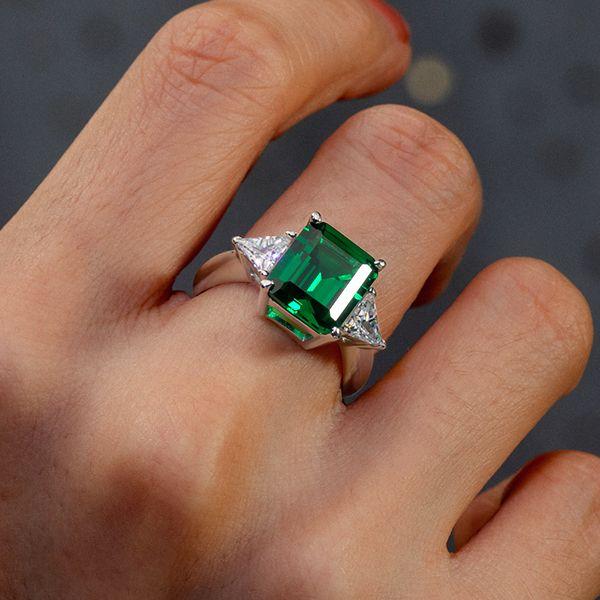 Emerald Cut Green Emerald Three Stone Ring - Sterling Silver Engagement Ring