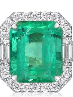 Three Stone Emerald Cut Green Stone Engagement Ring in Rhodium Plated Sterling Silver